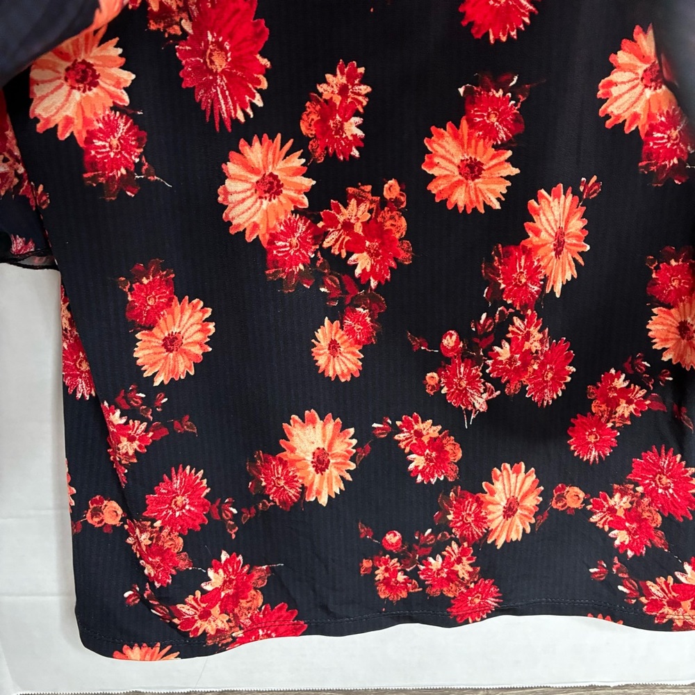 Liz McCoy Black Orange Floral Women's Overlay Blouse Large Travel Office - Picture 3 of 7